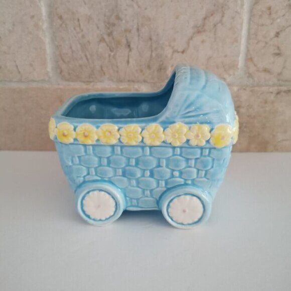Blue Baby Carriage Ceramic Planter Vintage Nursery Decor Baby Shower Gift - Picture 4 of 10